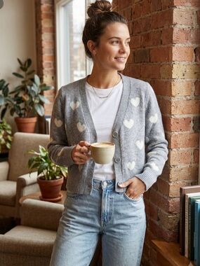 RUBY MOON Grey Heart-Print V-Neck Button Cardigan Sweater size small